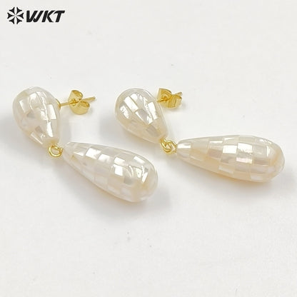 WT-MPE191 Gorgeous Trendy Natural White And Abalone Shell Waterdrop Shape Gold Earrings For Women Vintage Style Jewelry