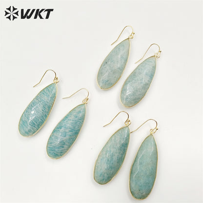 WT-E708 Women Gorgeous Double Faceted Cut Long Waterdrop Amazonite Earrings 18k Gold Bezel Dangle Earrings for Girls