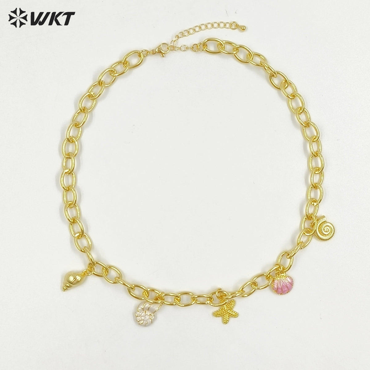 WT-JFN48 High Quality Yellow Brass Big Chain Gold Plated With Ocean Shells Charms Necklace For Ladies Summer Beach Theme Party