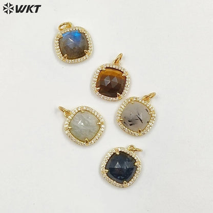 WT-MP268 Newest Vintage Style Ball Shaped Cubic Zircon Stone for Bracelet Design Women Gold Bezel Square Shaped Pendant