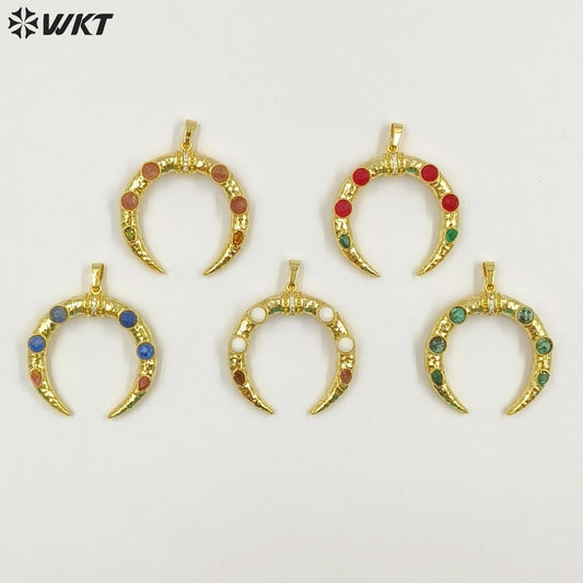 WT-P2050 Delicate 18K Gold Plated Zircon And Lapis Multi Gemstones Horn Shape Pendants For Women DIY Jewelry Accessories