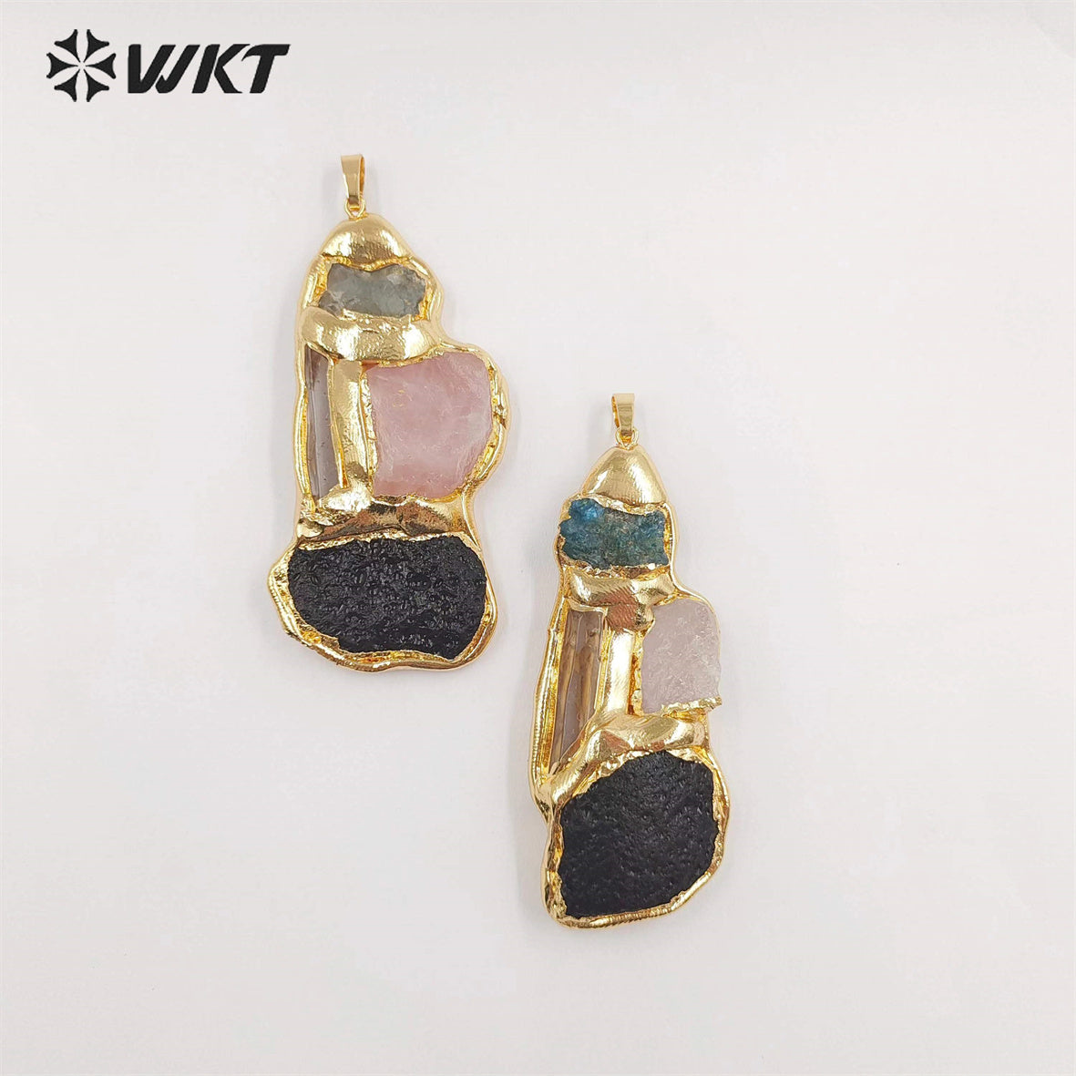 WT-P1905 Amazing Triple Gemstone Mixture Jewelry Pendants Genuine Energy Black Meteorite Rose Quartz Raw Stone Pendants