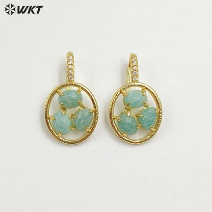 WT-E795 Delicate 18K Gold Plated Three Natural Gemstones With Zircon Hollow Round Earrings For Friend Birthday Gift Jewelry
