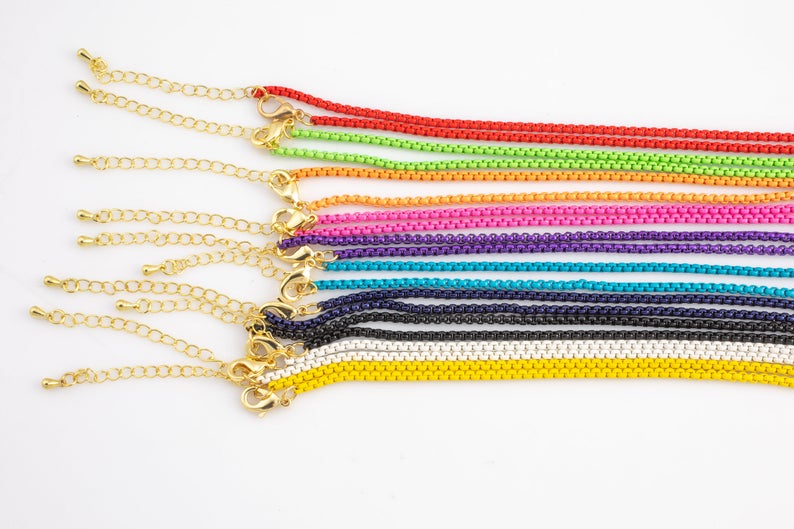BFN016 Wholesale Summer Hot Sales rainbow Color Box Chain Necklace 18 Inch Long Simple Brass Metal Enamel Chain for Pendants
