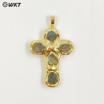 WT-P2045 Popular Sale Back Full Gold Electroplated Turquoise Natural Gemstones Cross Pendants As Fashion Necklace DIY Findings