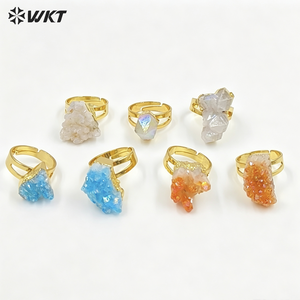 WT-R244 Exclusive Newest Aqua Aura Ring 18k Adjustable Natural Healing Crystal Quartz Cluster Aura Ring Fashion Women Stone Ring
