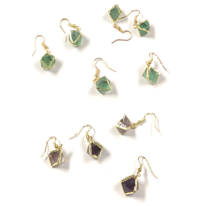 WT-E080 WKT Unique Natural Raw Handmade rainbow Fluorite Stone Earrings Gold Trim Octahedral Stone Earring Charm Gift