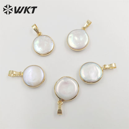 WT-P752 Wholesale Round Natural Freshwater Pearl Pendant, Lovely Tiny Pearl Pendant with Gold Plated