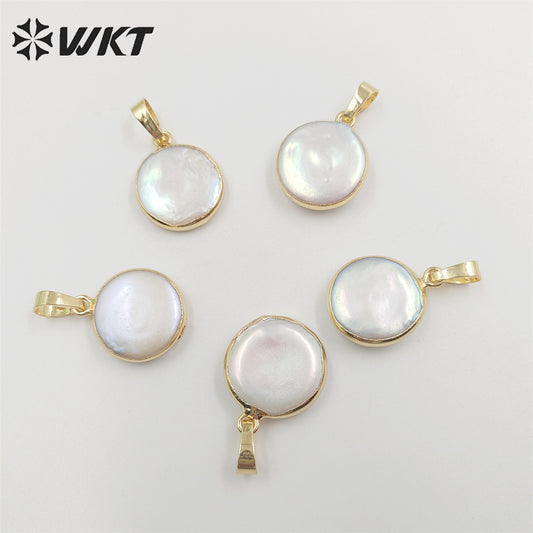 WT-P752 Wholesale Round Natural Freshwater Pearl Pendant, Lovely Tiny Pearl Pendant with Gold Plated