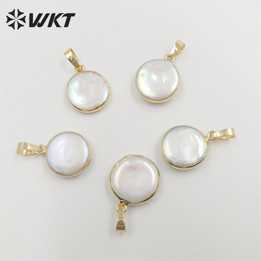 WT-P752 Wholesale Round Natural Freshwater Pearl Pendant, Lovely Tiny Pearl Pendant with Gold Plated