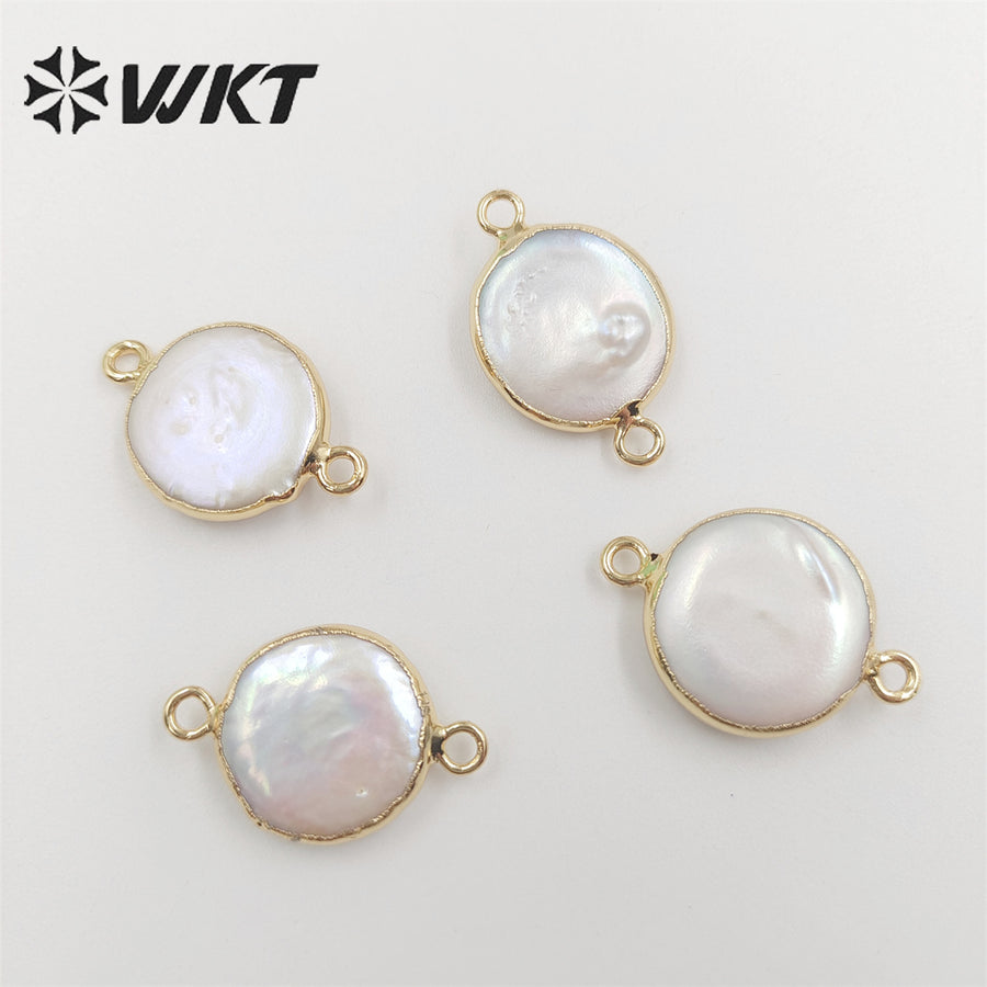 WT-C152 Unique Round Pearl Connector Wholesale for Jewelry Making, Double Loops Natural Pearl Connector with 24k Gold Plated