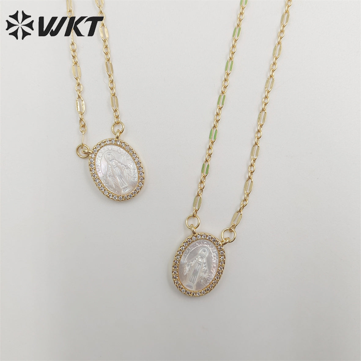 WT-JN218 WKT Newest Exclusive Design Micropaved Cubic Zircon MOP Shell Miraculous Religious Necklace Lady of Guadalupe Necklace
