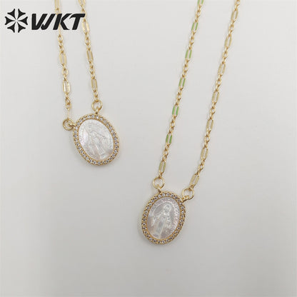 WT-JN218 WKT Newest Exclusive Design Micropaved Cubic Zircon MOP Shell Miraculous Religious Necklace Lady of Guadalupe Necklace
