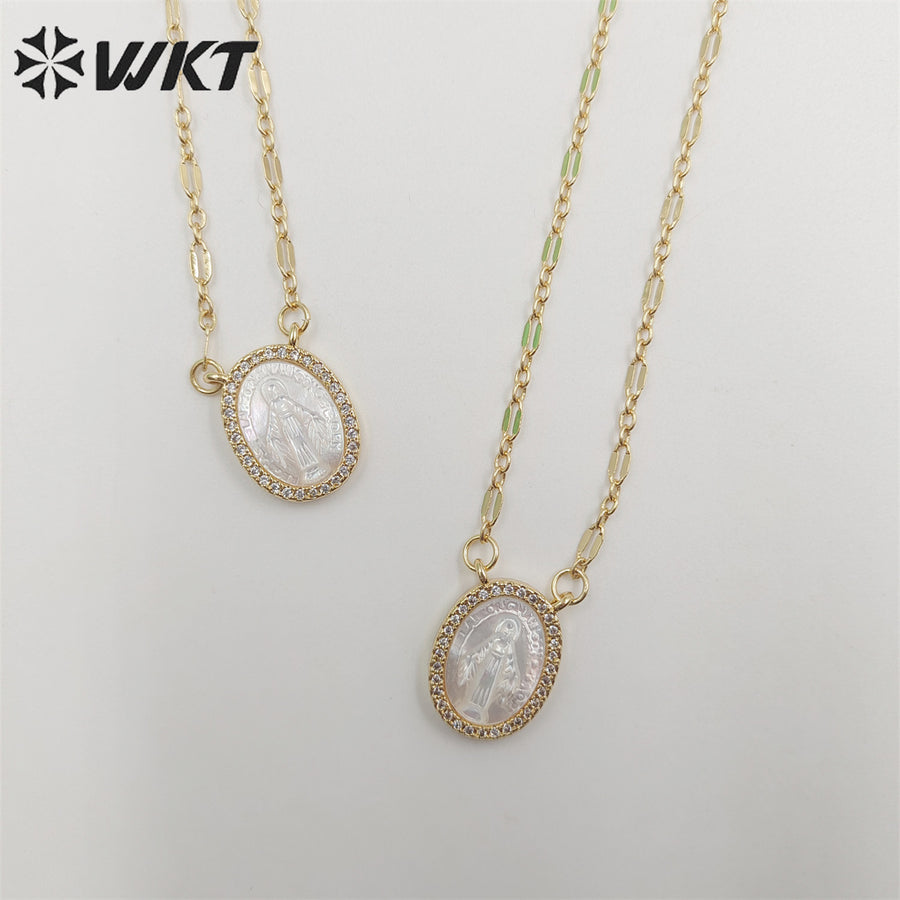 WT-JN218 WKT Newest Exclusive Design Micropaved Cubic Zircon MOP Shell Miraculous Religious Necklace Lady of Guadalupe Necklace