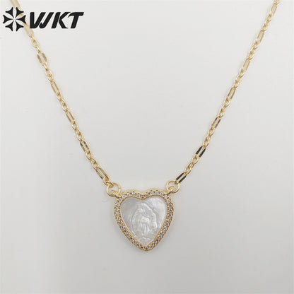 WT-JN219 WKT Lovely Heart Shell Necklace Gold Electroplated Micropaved Cubic Zircon Setting Lady of Guadalupe Charm Necklace