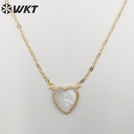 WT-JN219 WKT Lovely Heart Shell Necklace Gold Electroplated Micropaved Cubic Zircon Setting Lady of Guadalupe Charm Necklace