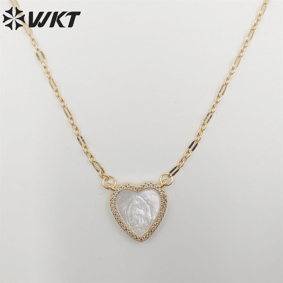 WT-JN219 WKT Lovely Heart Shell Necklace Gold Electroplated Micropaved Cubic Zircon Setting Lady of Guadalupe Charm Necklace