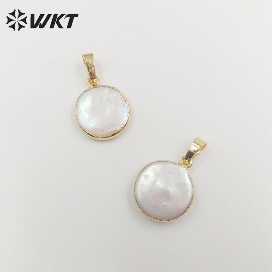 WT-P752 Wholesale Round Natural Freshwater Pearl Pendant, Lovely Tiny Pearl Pendant with Gold Plated