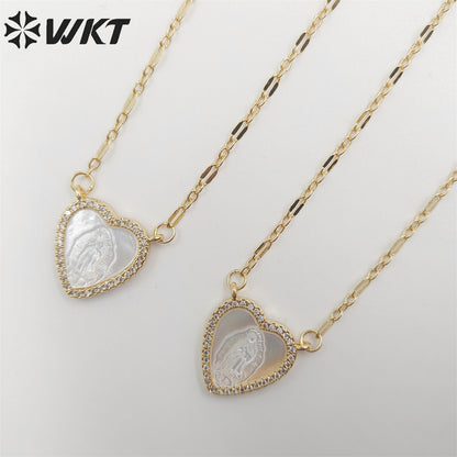 WT-JN219 WKT Lovely Heart Shell Necklace Gold Electroplated Micropaved Cubic Zircon Setting Lady of Guadalupe Charm Necklace