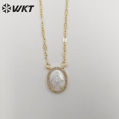 WT-JN218 WKT Newest Exclusive Design Micropaved Cubic Zircon MOP Shell Miraculous Religious Necklace Lady of Guadalupe Necklace