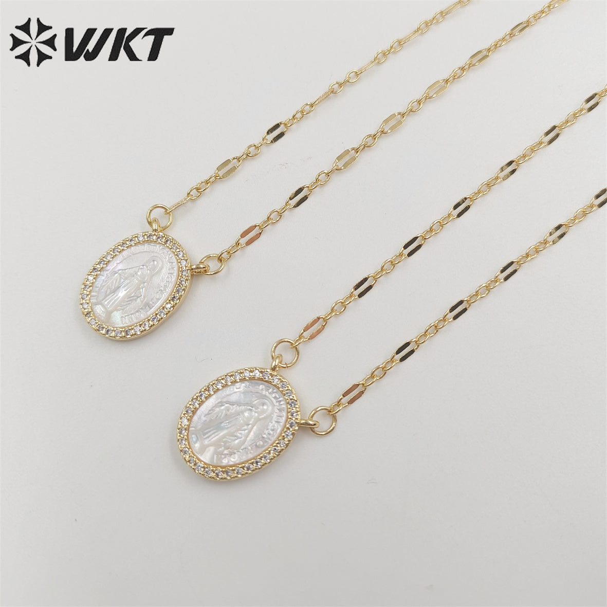 WT-JN218 WKT Newest Exclusive Design Micropaved Cubic Zircon MOP Shell Miraculous Religious Necklace Lady of Guadalupe Necklace