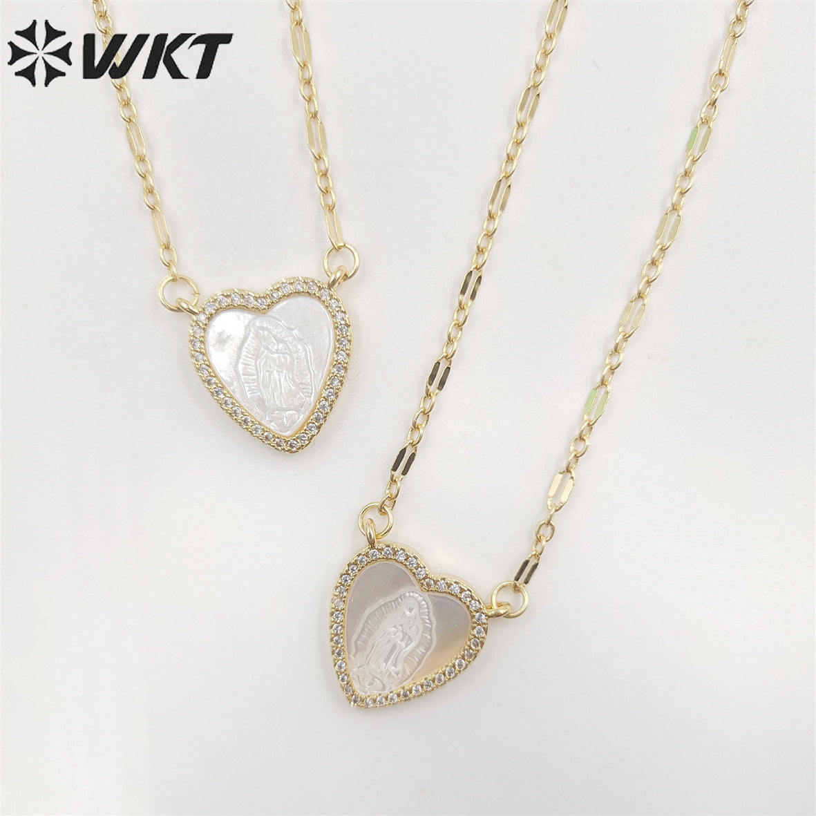 WT-JN219 WKT Lovely Heart Shell Necklace Gold Electroplated Micropaved Cubic Zircon Setting Lady of Guadalupe Charm Necklace