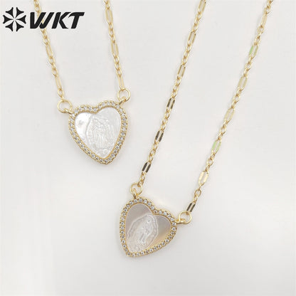 WT-JN219 WKT Lovely Heart Shell Necklace Gold Electroplated Micropaved Cubic Zircon Setting Lady of Guadalupe Charm Necklace