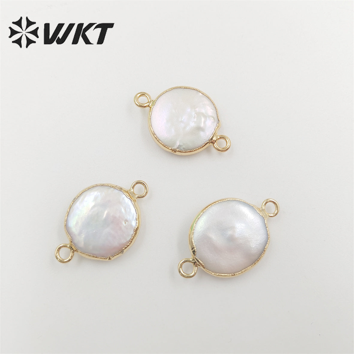 WT-C152 Unique Round Pearl Connector Wholesale for Jewelry Making, Double Loops Natural Pearl Connector with 24k Gold Plated