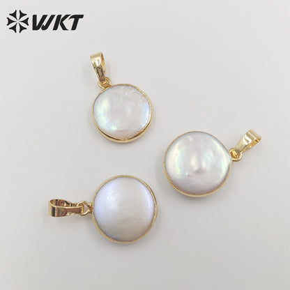WT-P752 Wholesale Round Natural Freshwater Pearl Pendant, Lovely Tiny Pearl Pendant with Gold Plated