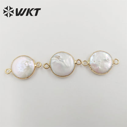 WT-C152 Unique Round Pearl Connector Wholesale for Jewelry Making, Double Loops Natural Pearl Connector with 24k Gold Plated
