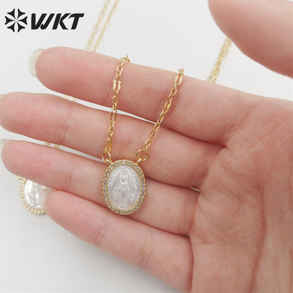 WT-JN218 WKT Newest Exclusive Design Micropaved Cubic Zircon MOP Shell Miraculous Religious Necklace Lady of Guadalupe Necklace