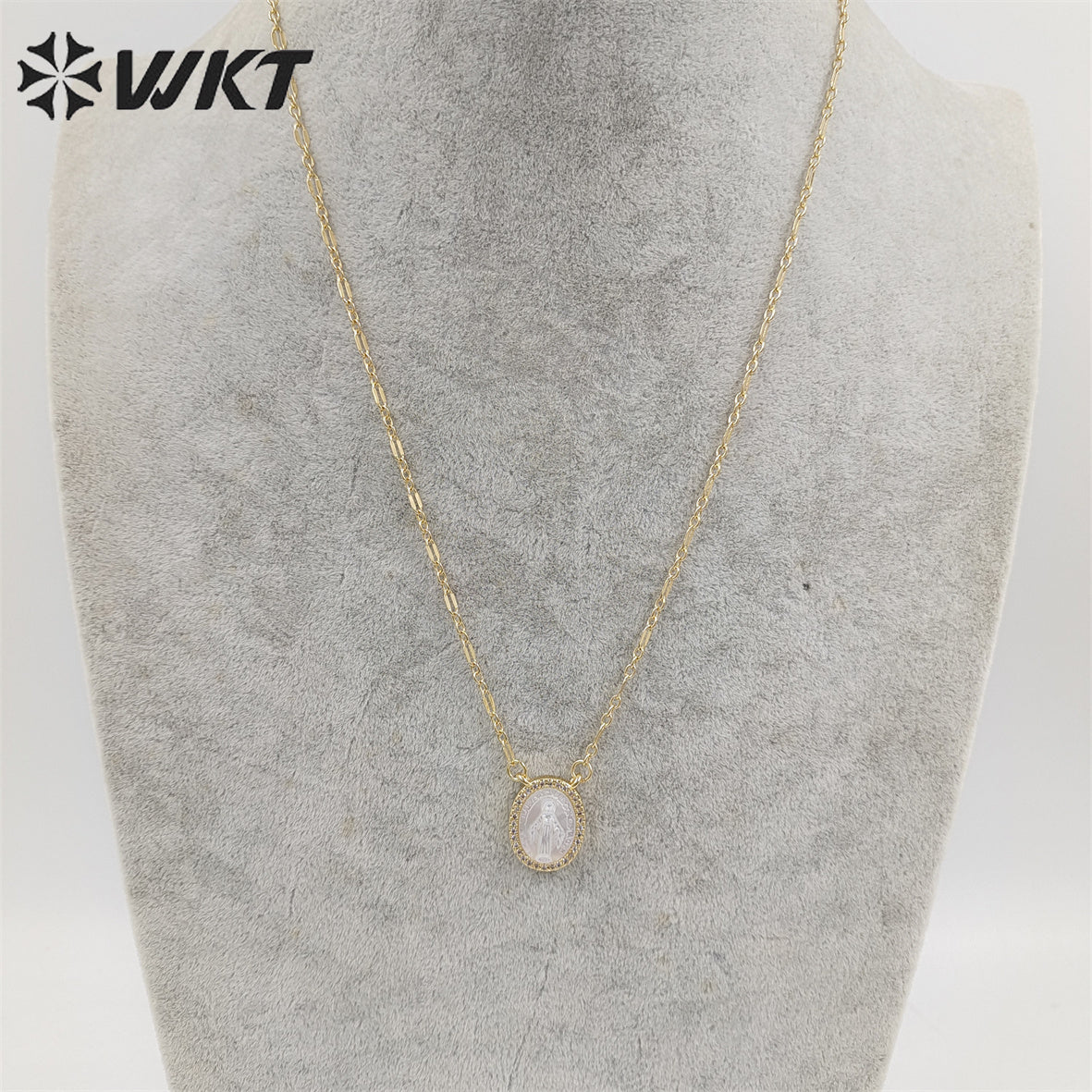 WT-JN218 WKT Newest Exclusive Design Micropaved Cubic Zircon MOP Shell Miraculous Religious Necklace Lady of Guadalupe Necklace