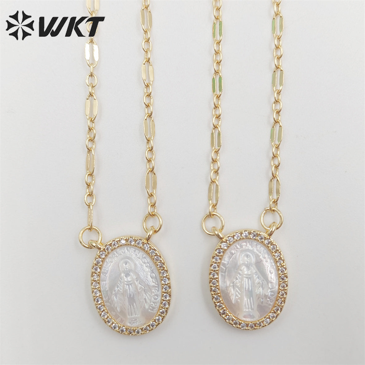 WT-JN218 WKT Newest Exclusive Design Micropaved Cubic Zircon MOP Shell Miraculous Religious Necklace Lady of Guadalupe Necklace