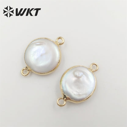 WT-C152 Unique Round Pearl Connector Wholesale for Jewelry Making, Double Loops Natural Pearl Connector with 24k Gold Plated