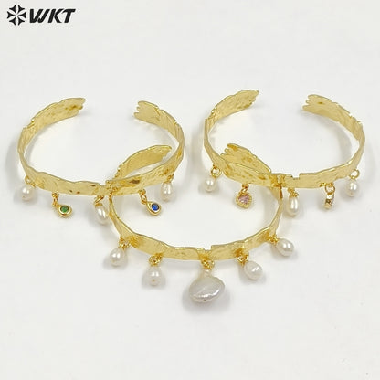 MPB134 Luxury Elegant 18K Gold Plated Natural Pearl And Colorful Zircon Fringed Adjustable Bangles For Lady Fashion Matching