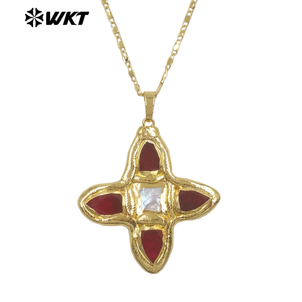 WT-JN363 Hot Sale Delicate Gold Plated Tiger Eye Natural Gemstones And Pearl Cross Pendants Necklace For Ladies Daily Match