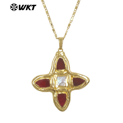 WT-JN363 Hot Sale Delicate Gold Plated Tiger Eye Natural Gemstones And Pearl Cross Pendants Necklace For Ladies Daily Match