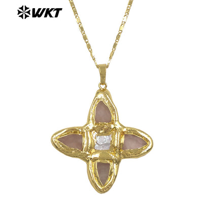 WT-JN363 Hot Sale Delicate Gold Plated Tiger Eye Natural Gemstones And Pearl Cross Pendants Necklace For Ladies Daily Match