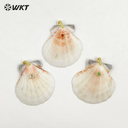 WT-JP503 Trendy Popular Zircon And Natural Scallop Shell Gold Pendants For Girls Lovely Handmade Earrings Design Accessory