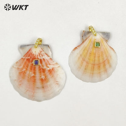WT-JP503 Trendy Popular Zircon And Natural Scallop Shell Gold Pendants For Girls Lovely Handmade Earrings Design Accessory