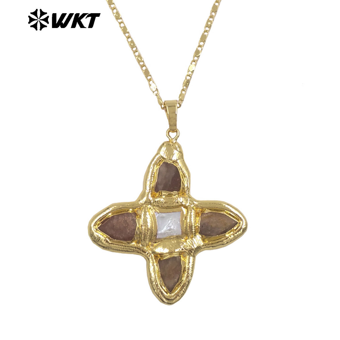WT-JN363 Hot Sale Delicate Gold Plated Tiger Eye Natural Gemstones And Pearl Cross Pendants Necklace For Ladies Daily Match
