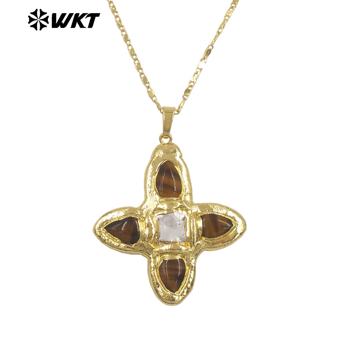 WT-JN363 Hot Sale Delicate Gold Plated Tiger Eye Natural Gemstones And Pearl Cross Pendants Necklace For Ladies Daily Match
