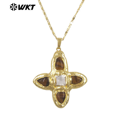 WT-JN363 Hot Sale Delicate Gold Plated Tiger Eye Natural Gemstones And Pearl Cross Pendants Necklace For Ladies Daily Match