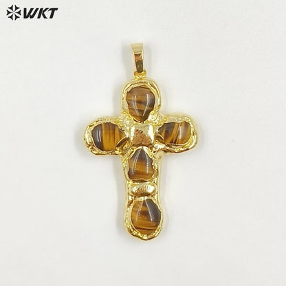 WT-P2045 Popular Sale Back Full Gold Electroplated Turquoise Natural Gemstones Cross Pendants As Fashion Necklace DIY Findings