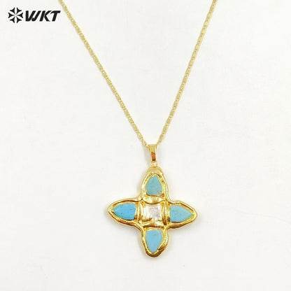 WT-JN363 Hot Sale Delicate Gold Plated Tiger Eye Natural Gemstones And Pearl Cross Pendants Necklace For Ladies Daily Match