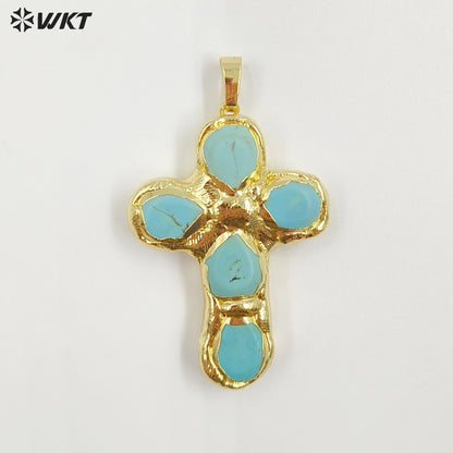 WT-P2045 Popular Sale Back Full Gold Electroplated Turquoise Natural Gemstones Cross Pendants As Fashion Necklace DIY Findings