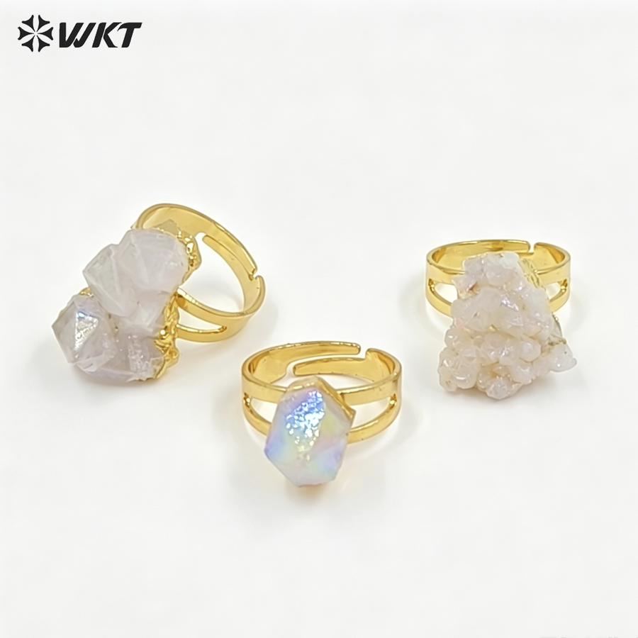 WT-R244 Exclusive Newest Aqua Aura Ring 18k Adjustable Natural Healing Crystal Quartz Cluster Aura Ring Fashion Women Stone Ring